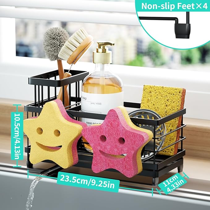 HapiRm Sink Caddy Sponge Holder - Self-draining Kitchen Sink Organizer with Smiley Face and Brush Holder, Stainless Steel Kitchen Sponge Caddy for Countertop - Black - Image 5