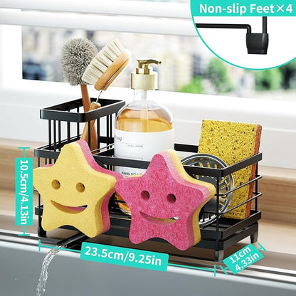 HapiRm Sink Caddy Sponge Holder - Self-draining Kitchen Sink Organizer with Smiley Face and Brush Holder, Stainless Steel Kitchen Sponge Caddy for Countertop - Black - Image 5