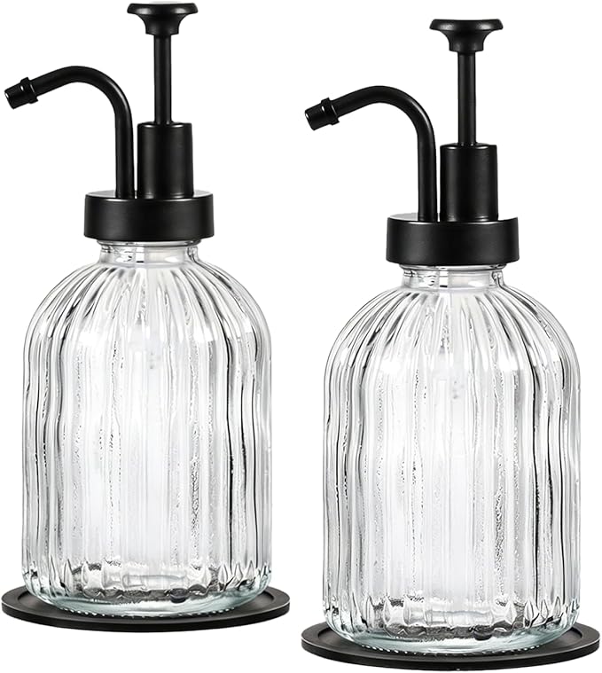 SheeChung Clear Glass Soap Dispenser, 12 Oz Liquid Hand Soap Dispenser with Pump, Refillable Lotion Dish Soap Dispenser for Kitchen, Stripes Shampoo Bottle, Bathroom Countertop (Black Pump, 2 Pack)
