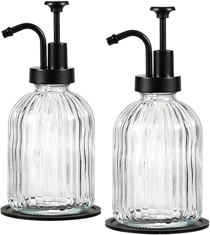 SheeChung Clear Glass Soap Dispenser, 12 Oz Liquid Hand Soap Dispenser with Pump, Refillable Lotion Dish Soap Dispenser for Kitchen, Stripes Shampoo Bottle, Bathroom Countertop (Black Pump, 2 Pack)