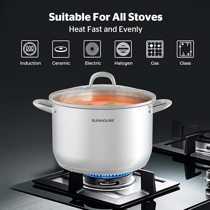 SUNHOUSE Stainless Steel Stock Pot - 13 Quart Heavy-Duty Induction Cooking Pot with Visible Lid for Pasta, Soup, Spaghetti - Nonstick Thick-Bottom Deep Stockpot for Canning, Boiling, and Simmering - Image 5