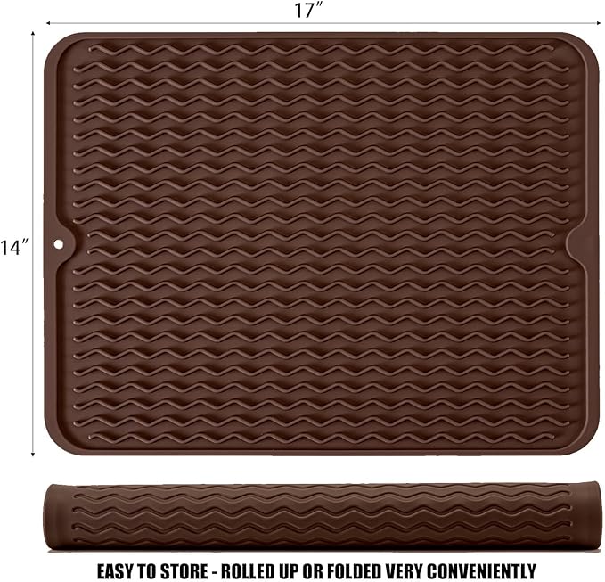 Large 17" x 14" Silicone Dish Drying Mat for Kitchen Counter, Easy clean, Quick Dry, Heat-resistant Dish Drainer Mat for Sink,Refrigerator or Drawer liner (Food Grade Silicone-Coffee) - Image 2