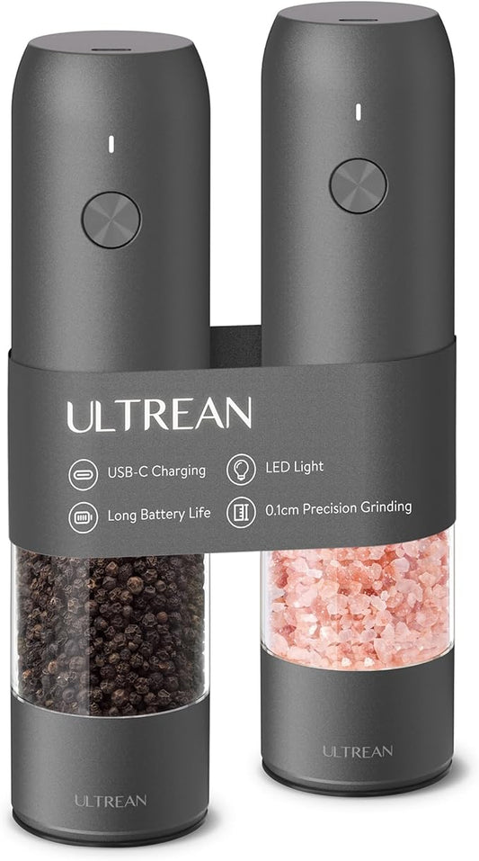 Ultrean Salt and Pepper Grinder Set, Rechargeable Salt and Pepper Shakers, 6 Adjustable Coarseness, LED Light, Kitchen Gadget & Housewarming Gift, Cooking Gifts for Men, Stainless Steel by Ultrean