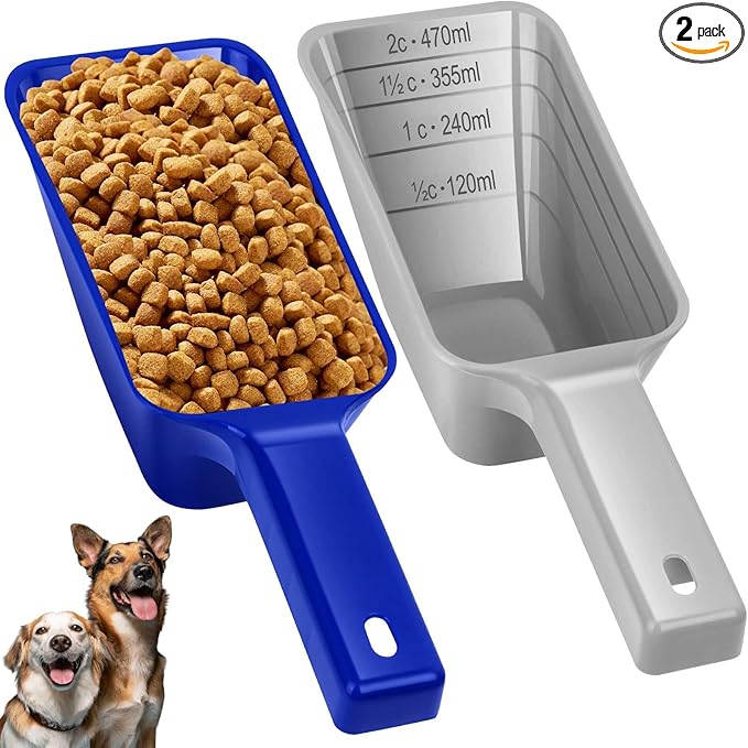 2 Cup Dog Food Scoop(2 Pack), Plastic Pet Food Scoop with Measuring Lines for Accurate Pet Food Portions,Dishwasher Safe (Blue and Grey) by Aosnare