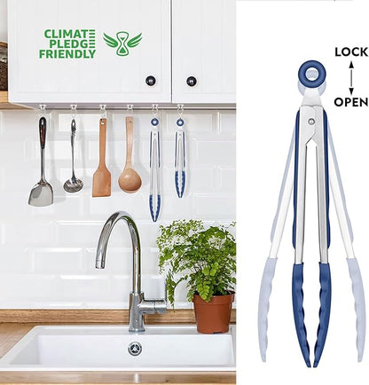 HOTEC Premium Stainless Steel Locking Kitchen Tongs with Silicon Tips, Set of 2-9" and 12", Classic Blue - Image 5