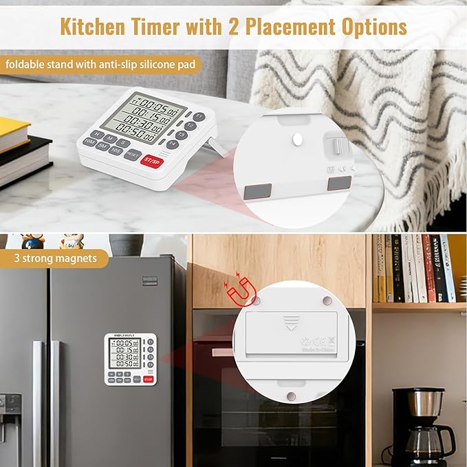 Digital Dual Kitchen Timer, 4 Channels Independent Countdown Timer, Large Display, On/Off, Loud Volume Alarm and Flashing Light with Magnetic Back, Stand, Battery Included (White) - Image 4