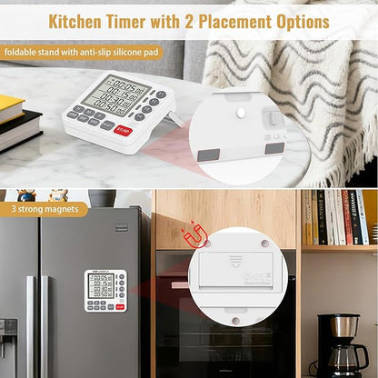 Digital Dual Kitchen Timer, 4 Channels Independent Countdown Timer, Large Display, On/Off, Loud Volume Alarm and Flashing Light with Magnetic Back, Stand, Battery Included (White) - Image 4