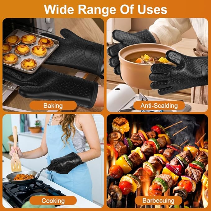 AUAUY Oven Mitts with 2 Pot Holders, Silicone Oven Gloves Heat Resistant 464°F, BBQ Gloves with Fingers, Non-Slip Oven Gloves, Cooking Gloves for Grilling Kitchen Baking Oven Microwave, Black - Image 7