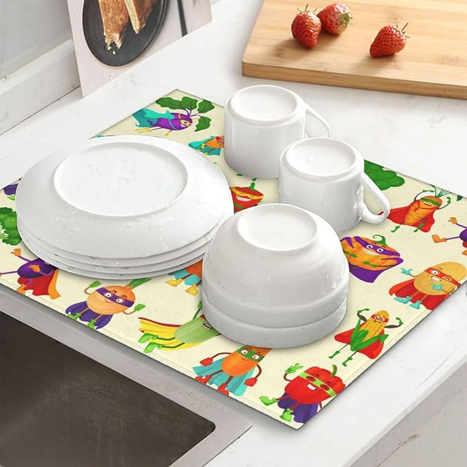 Vegetable Superhero Cartoon Dish Drying Mats for Kitchen Counter, Absorbent Microfiber Cute Drying Pad for Dishes, Decorative Kids Kitchen Mat for Sink, Dishes Utensils, Dining Area, 16" x 18"