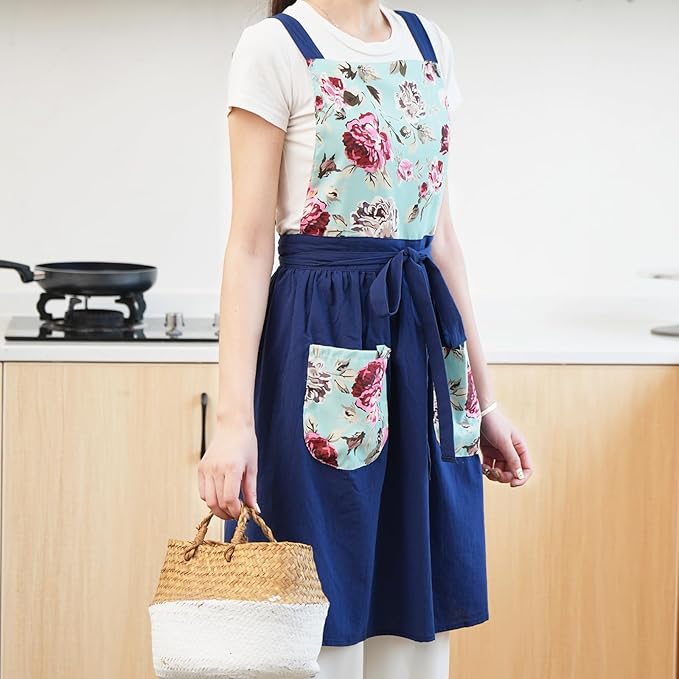 Pinknoke Vintage Pinafore Apron Dress for Women with Pockets Cute Floral Chef Aprons for Kitchen Cooking Baking Gardening - Image 7