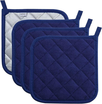 Joyhalo 4 Pack Pot Holders for Kitchen,Cotton Oven Holder with Great Heat Resistance,Non Slip Hot Pads for Kitchen Clearance,Dark Blue by Joyhalo