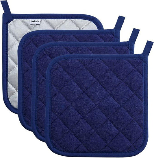 Joyhalo 4 Pack Pot Holders for Kitchen,Cotton Oven Holder with Great Heat Resistance,Non Slip Hot Pads for Kitchen Clearance,Dark Blue by Joyhalo