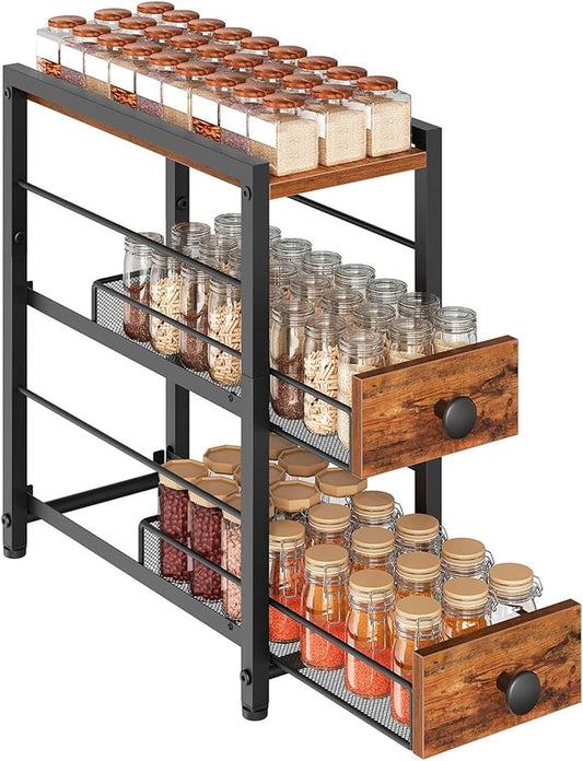 YATINEY Spice Rack, 3-Tier Pull Out Spice Rack Organizer for Countertop, Narrow Kitchen Countertop Storage Shelf with 2 Drawers, for Kitchen, Cafe, Rustic Brown and Black SR02BR by Yatiney