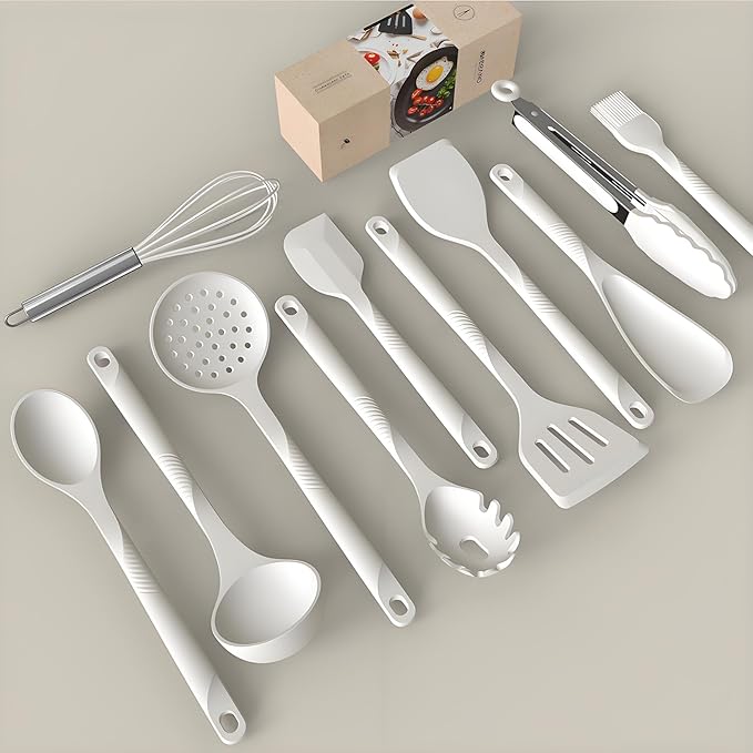 Silicone Cooking Utensils Set - 600°F Heat Resistant, Nonstick Kitchen Utensil Set with Spatulas, Spoons, Whisk, Tongs, BPA Free, Dishwasher Safe, Cream White - Image 2
