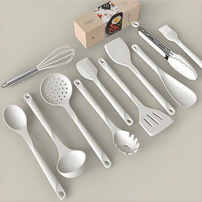 Silicone Cooking Utensils Set - 600°F Heat Resistant, Nonstick Kitchen Utensil Set with Spatulas, Spoons, Whisk, Tongs, BPA Free, Dishwasher Safe, Cream White - Image 2