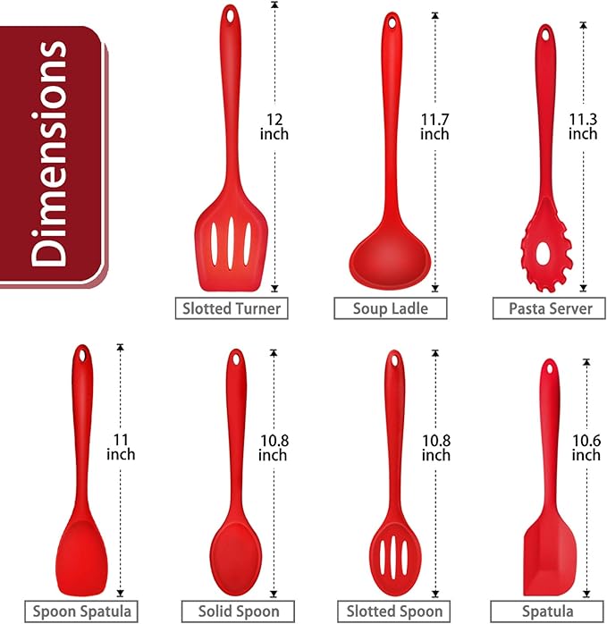 P&P CHEF Silicone Cooking Utensils Set of 7, Heat-proof Kitchen Utensils Set for Nonstick Cookware, Non-stick Spatula, Slotted Turner, Soup Ladle, Pasta Server, Spoon for Cooking Serving - Red - Image 2