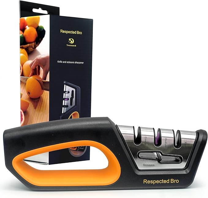 RESPECTED BRO 4-in-1 Knife and Scissors Sharpener, Premium Kitchen Knife Sharpener Tool, Help Prepare Restore & Polish Blades, Comfort & Ergonomic Handles For Easy-To-Use