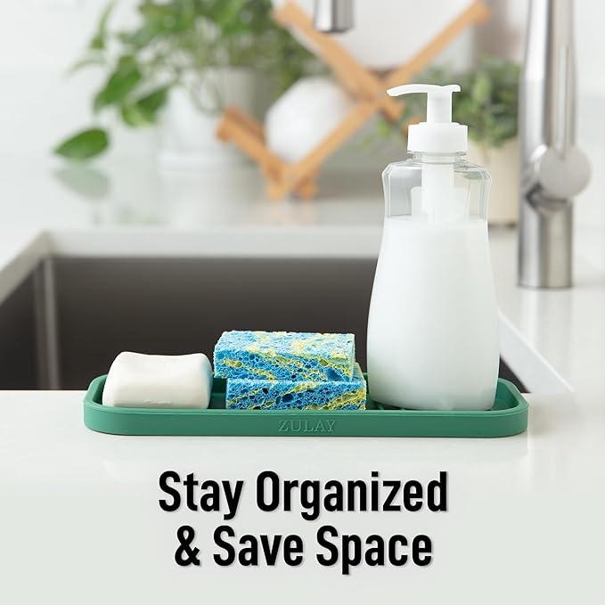 Zulay Kitchen (9x3.5) Silicone Sponge Holder for Kitchen Sink - Flexible Multipurpose Soap Tray - Sink Organizer for Kitchen, Bathroom, Makeup, Trinkets & More (Pine Green) - Image 6