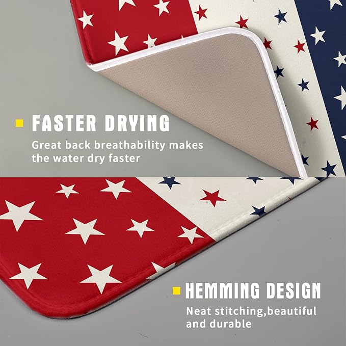 Blue Red White Star July of 4th Patriotic Dish Drying Mat for Kitchen Counter 16x18 Independence Day Absorbent Reversible Microfiber Drying Mats Kitchen Countertop Protector Dishes Drainer Rack Pad - Image 2