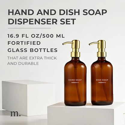 MaisoNovo Soap Dispenser 2-Piece Set | 16.9oz Amber Bottles with Gold Stainless Steel Pump Core
