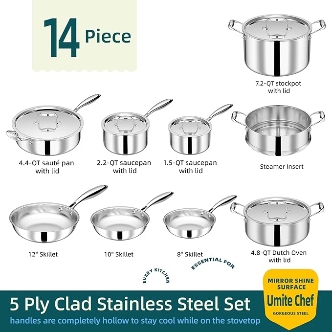 Umite Chef Stainless Steel Cookware Set, 5 Ply 14 Piece Stainless Steel Pot and Pan Set-Induction, Heavy Chef Quality, Oven Safe | Professional Kitchen Cooking Appliances, PFOA, PTFE & PFOS Free - Image 2