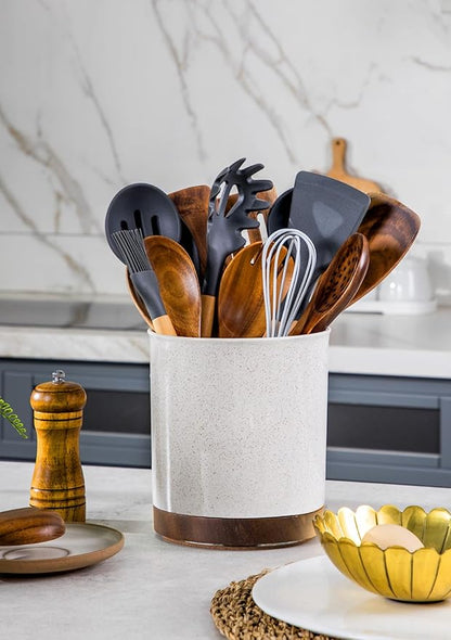 Nucookery 360°Rotating Utensil Holder, 7.2" Large Utensil Crock, White Ceramic Cooking Utensil Organizer,Farmhouse Kitchen Decor Christmas Thanksgiving Gift (Sand) - Image 6