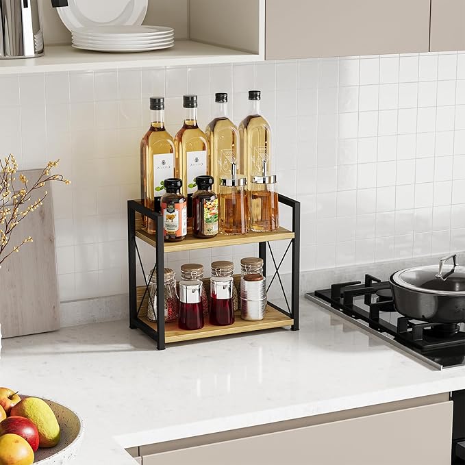 Giikin Countertop Shelf Organizer, 2 Tier Kitchen Spice Rack Organizer for Countertop, Wood Coffee Counter Shelf Organizer for Home (Bamboo, S) - Image 2