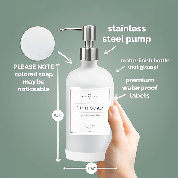 Vine Creations White Glass Soap Dispenser, 2 Pack Kitchen Soap Dispenser Set with Stainless Steel Pump, 16 oz Dish Soap and Hand Soap Dispensers for Bathroom with Waterproof Labels - Image 6
