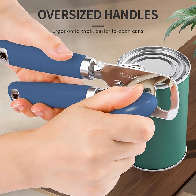 Safring Can Opener Manual, Heavy Duty Stainless Steel Smooth Edge Can Opener With Soft Touch Handle, Oversized Handheld Easy Turn Knob, Multi-Function Bottle Opener, Blue