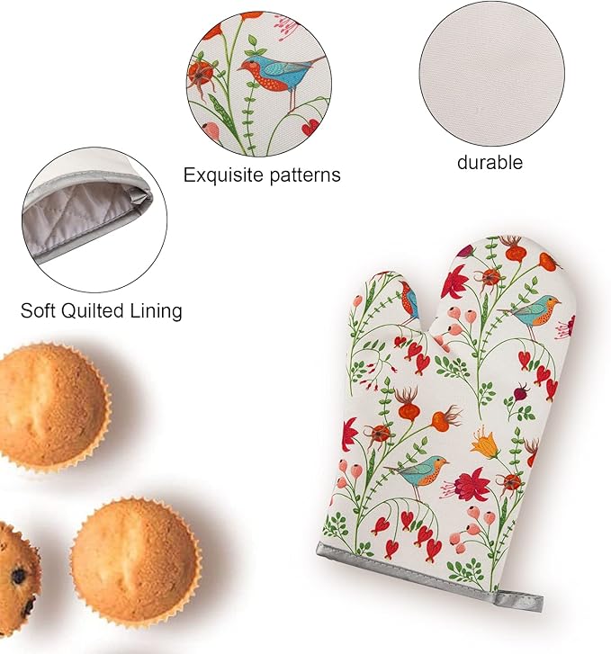 Kitchen Oven Mitts and Pot Holders Sets, Flower Bird Print Oven Gloves and Potholders,Heat-Resistant Oven Gloves and Hot Pads, Kitchen Accessories,Gifts for Women