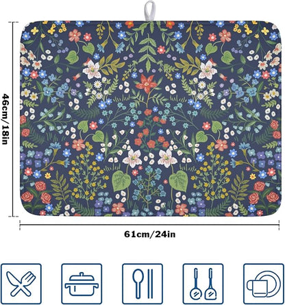 Flower Floral Dish Drying Mat 18x24 inch Microfiber Navy Blue Drying Mats with Hanging Loop Absorbent Green Leaves Dish Drainer Mat Reversible Flowers Drying Pad for Kitchen Counter Sink - Image 2