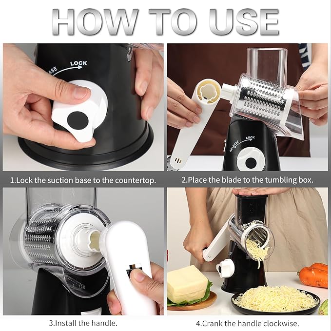 Cambom Rotary Cheese Grater Hand Crank Cheese Shredder for Fresh Cheese, Vegetable, Nuts,Non-slip Suction Base, Three Blades, Black - Image 8
