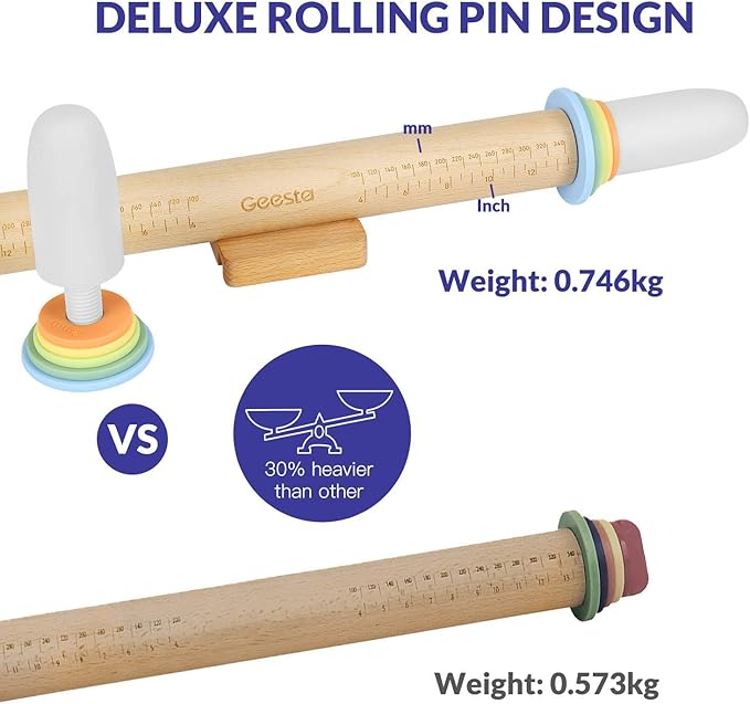 Geesta Adjustable Wood Rolling Pin with 5 Thickness Rings, Precise Dough Roller Handle Press Design with Measurement Guide for Baking Fondant, Pie Crust, Cookie, Pastry - Baking Essential - Image 5