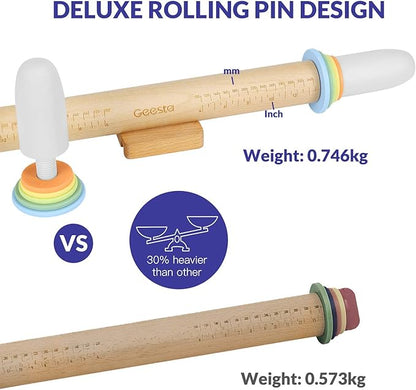Geesta Adjustable Wood Rolling Pin with 5 Thickness Rings, Precise Dough Roller Handle Press Design with Measurement Guide for Baking Fondant, Pie Crust, Cookie, Pastry - Baking Essential - Image 5