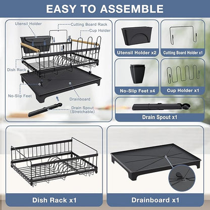 Dish Rack with Drainboard Large Capacity Anti-Rust Kitchen Counter Organizer with Cup, Utensil & Cutting Board Holders, Heavy Duty Dish Drying Rack for Dishes, Spoons and Forks