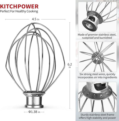 KITCHPOWER K45WW Wire Whip Attachment for Tilt-Head Stand Mixer for KitchenAid Stainless Steel Egg Cream Stirrer, Flour Cake Balloon Whisk