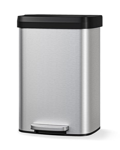 Garvee 13 gal / 50 L Stainless Steel Trash Can with Lid, Large Garbage Can for Kitchen, Rustproof Step-on Kitchen Metal Trash Bin with Liner Rim, Rear Handle, Soft Close Plastic Lid, Silver by Garvee
