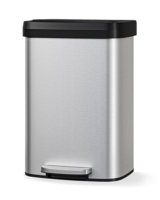 Garvee 13 gal / 50 L Stainless Steel Trash Can with Lid, Large Garbage Can for Kitchen, Rustproof Step-on Kitchen Metal Trash Bin with Liner Rim, Rear Handle, Soft Close Plastic Lid, Silver by Garvee