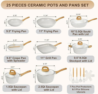 EWFEN 25 Pcs Pots and Pans Set, Nonstick Ceramic Cookware Sets, Healthy Non-Toxic, Large Capacity, Induction Compatible, Cooking Set with Frying Pans & Saucepans, PFAS/PTFE/PFOA Free, Cream White - Image 2