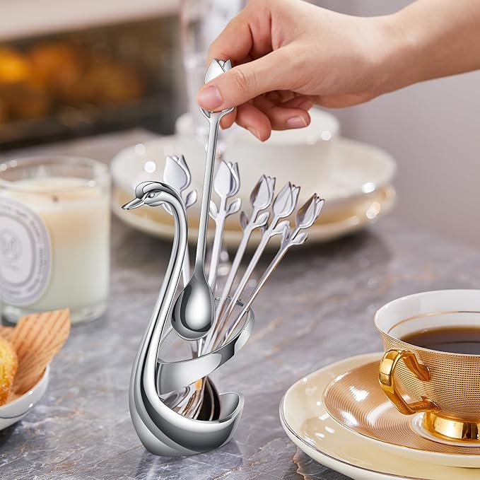 Silver Small Coffee Spoon Holder Set,Swan Base With 12 Pcs Demitasse Espresso Spoons Set,6" Mini Tulip/Rose Dessert Spoon,Stainless Steel Tea Spoons - Image 5