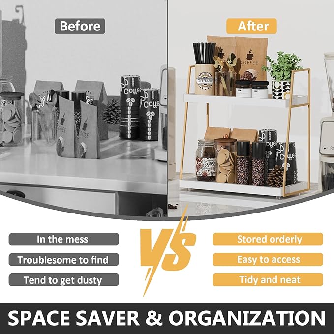 Coffee Bar Organizer for Countertop, Multifunctional Coffee Station Organizer for Accessories Storage, 2 Tier Wooden Shelf for Coffeebar, Countertop, Corner - Image 4