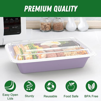 50 Pack (100-Piece) 32 oz Meal Prep Containers Reusable with Easy Open Lids, Sturdy Leakproof Food Safe, Microwave Freezer Dishwasher Safe, To Go Take Out Plastic Food Storage Pans with Lids, Lilac - Image 3