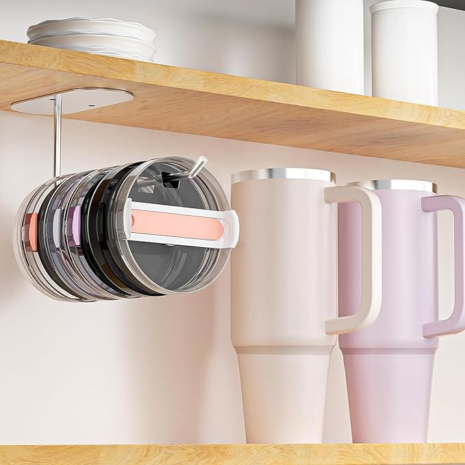 4 Pack Tumbler Lid Organizer, Space Saving Cup Lid Organizer for Yeti/Stanley/Simple Modern Tumbler Lids, Self-Adhesive or Drilling Tumbler Lid Hook for Kitchen Organizers and Storage - Image 6