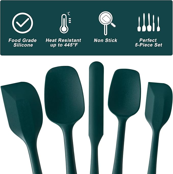 Silicone Spatula Set, 5 Piece Food Grade Rubber Spatulas for Baking, Cooking, and Mixing High Heat Resistant Non Stick Dishwasher Safe BPA-Free (Dark Green) - Image 3