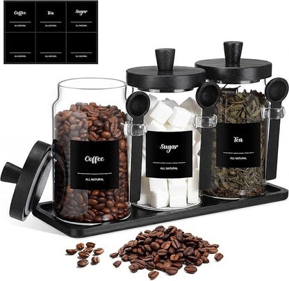 Suclain 3 Pcs Glass Coffee Container with Wooden Lid Spoon Shelf Labels Clear Airtight Jar Food Storage Canister Set for Sugar Spice Coffee Bean Holder Housewarming Gift(25 oz,Black Bamboo) by Suclain
