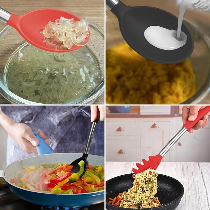 Silicone Spatula and Cooking Spoon,5 Pack Non-Stick Cooking Utensils for Kitchen，Heat Resistant Solid & Slotted Spoons and Spatulas, Stainless Steel Handle Coated with Silicone,Black - Image 8