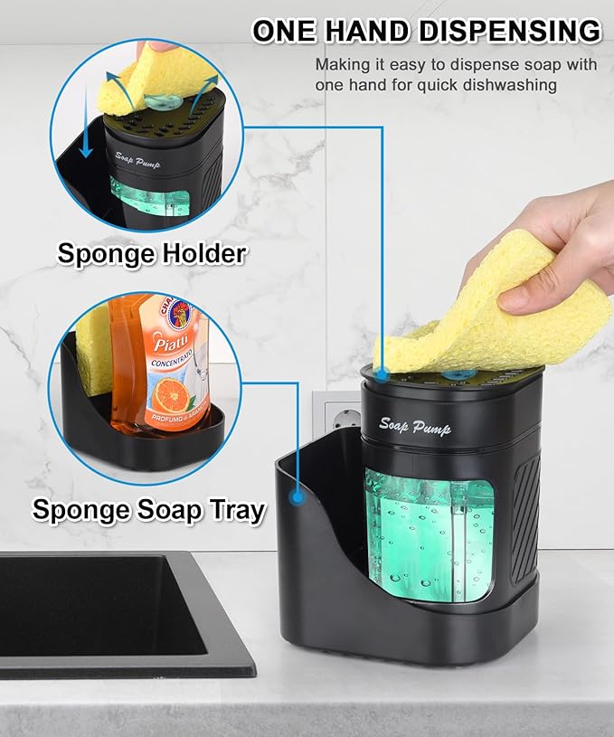 Kitchen Dish Soap Dispenser with Sponge Holder, 3-in-1 Countertop Dishwashing Soap Pump Dispenser Set for Kitchen Sink, Useful Kitchen Gadgets - Black - Image 2