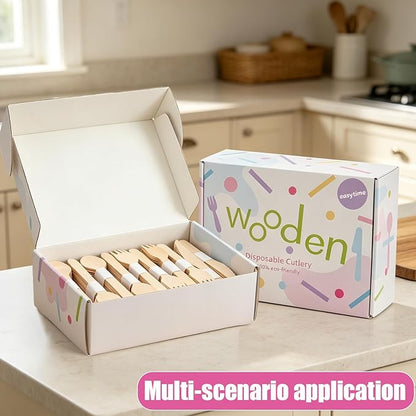 Wooden Utensils Set - Disposable Cutlery Set 300 Pieces (120 Forks 120 Spoons 60 Knives) Wooden Compostable Utensils Cutlery Combo Set- Eco-Friendly Biodegradable Utensils for Party