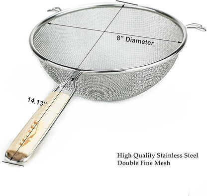 Huji Stainless Steel Fine 8" Double Mesh Food Strainer Colander Sieve Sifter with Wooden Handle for Kitchen Rice Pasta Noodles (3 Pack) - Image 2