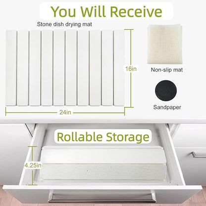 Large Stone Dish Drying Mat for Kitchen Counter, 24"(L)×16"(W), Collapsible Quick Dry Diatomaceous Earth Mat, Super Absorbent Drying Pad for Dishes Bottles Cups Utensils, Heat Resistant (White)